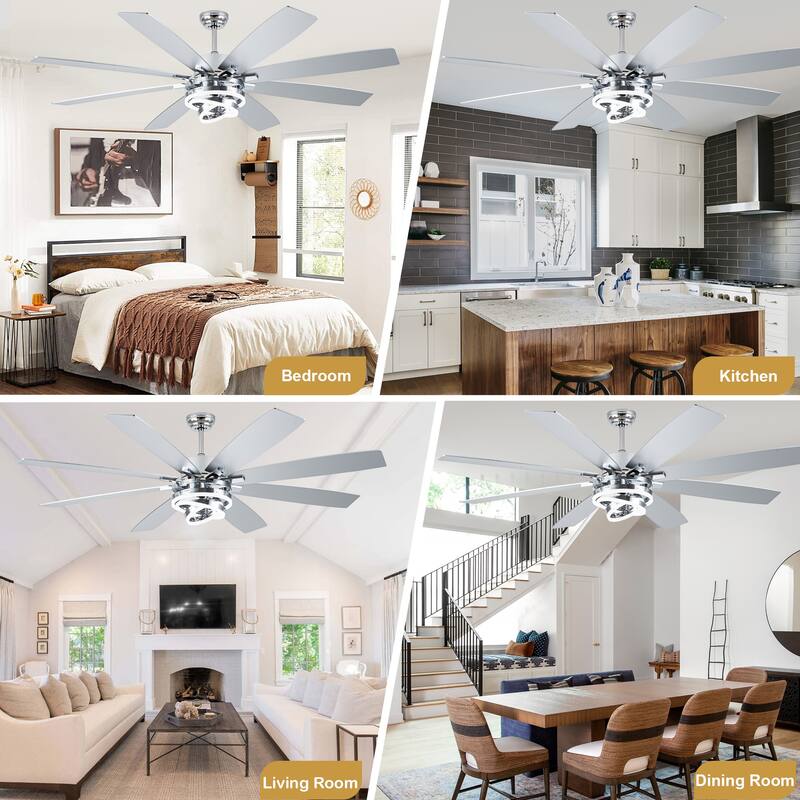 Cusp Barn 52"/72" Modern Large Dimmable LED Ceiling Fan with Lights and Remote, Reversible 8-Blade DC Motor DIY Shape Chandelier