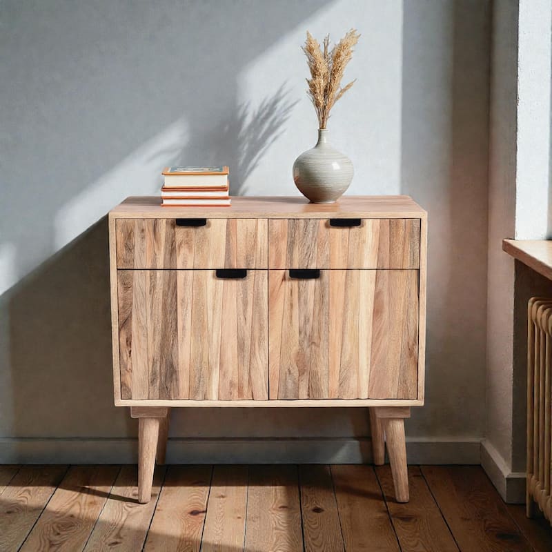 Natural Mango Wood 2-Door Cabinet with Drawers, Modern Storage Sideboard for Living Room, Entryway or Bedroom