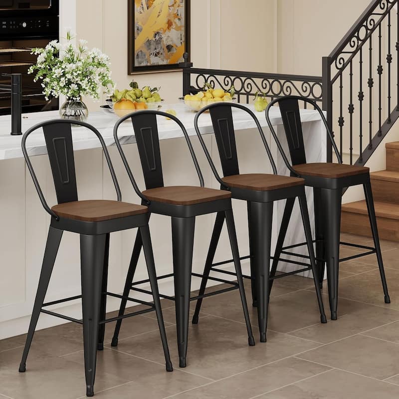 Counter & Bar Stools with Metal Frame Kitchen Stools with High Back Kitchen Bar Furniture Stools with Wooden Seat - Black - Bar Height - Set of 4