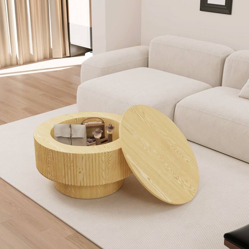 29.53" MDF Modern Circular Coffee Table, with Circular Stripe Design and Storage Space, Suitable for Home & Kitchen