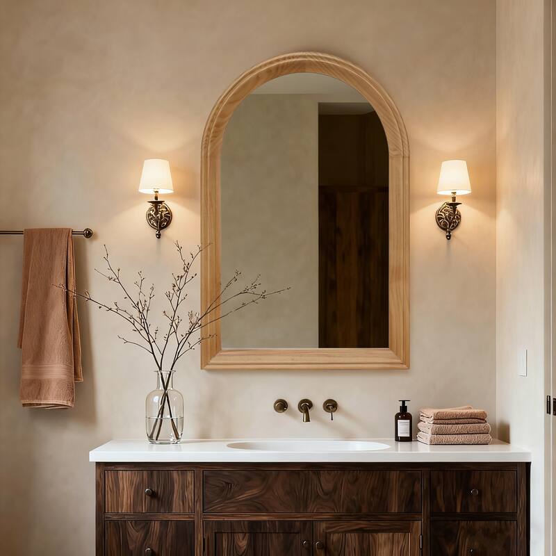 Arched Wood Framed Wall Mirror, 35.43" H x 23.62" W Rustic Decorative Mirror for Bathroom/Vanity/Living Room - Natural Wood