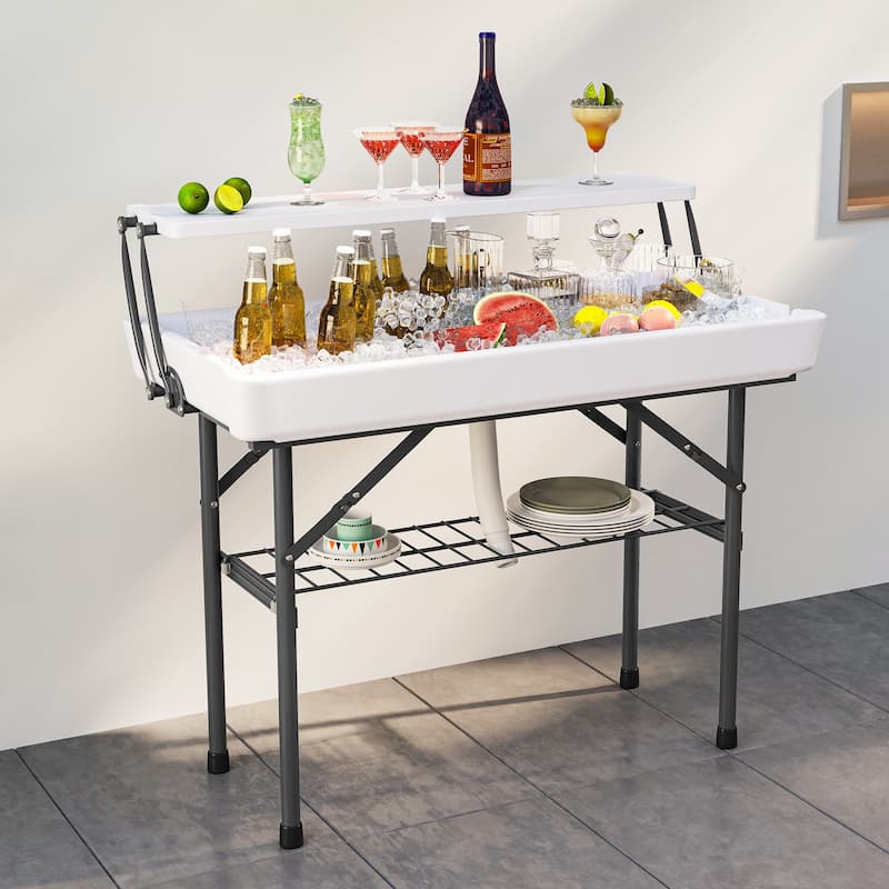 Portable Two-Tier Ice Table Folding Ice Cooler Table with Drain and Detachable Skirt - White