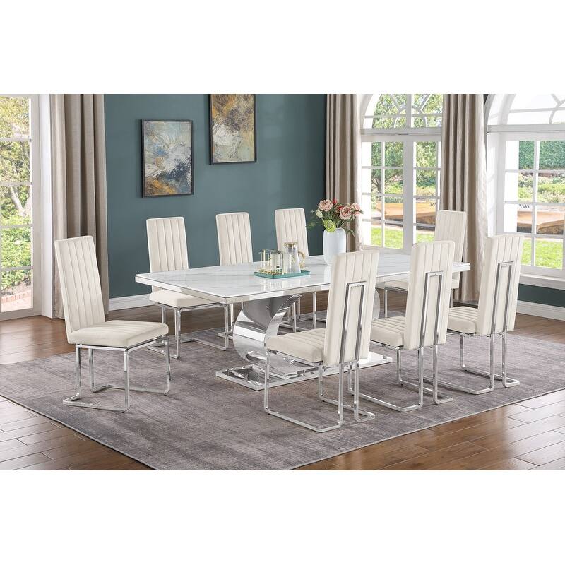 Best Quality Furniture D432/3-SC340-7 Dining Set with 87" White Marble Top - Cream / Silver - 9-Piece