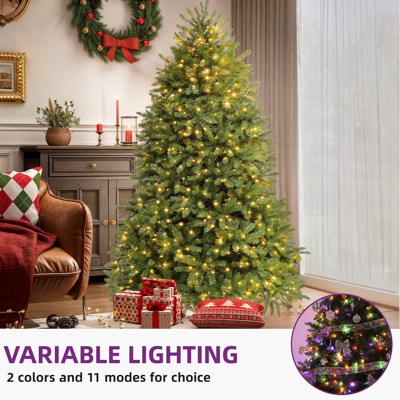 Moasis Artificial Full Christmas Tree, 7.5ft Pre-Lit Christmas Tree with 8 Light-Modes, Includes Stand, Green Bell