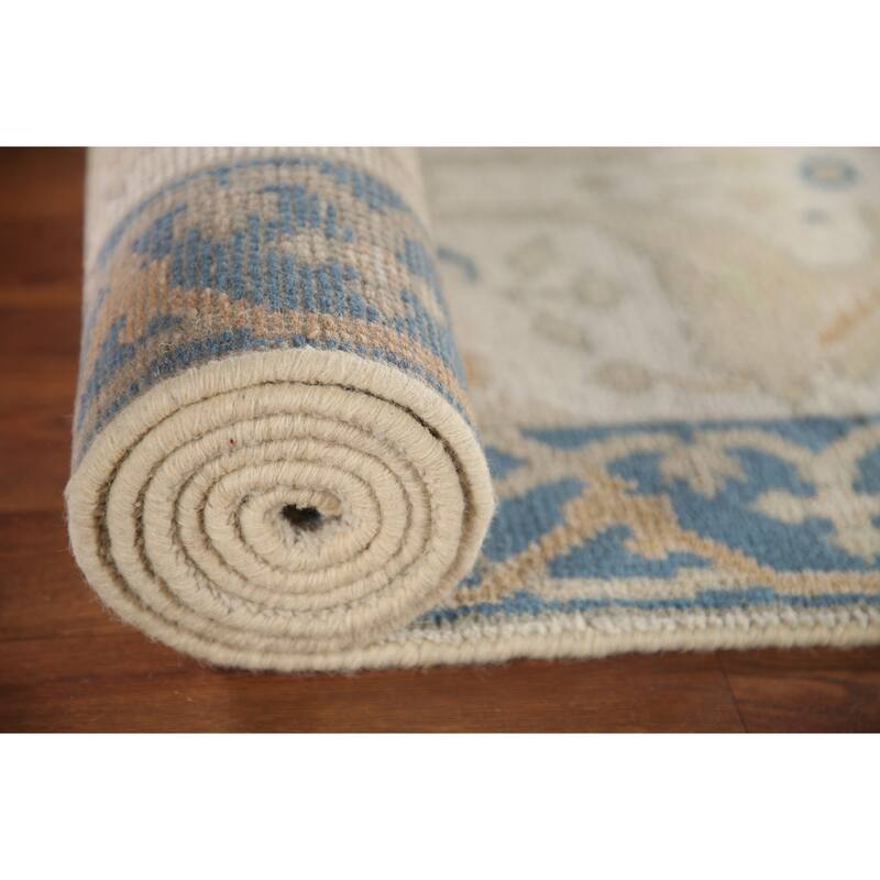 Floral Beige Oushak Style Runner Rug Hand-knotted Wool Carpet - 2'6"x 9'9"