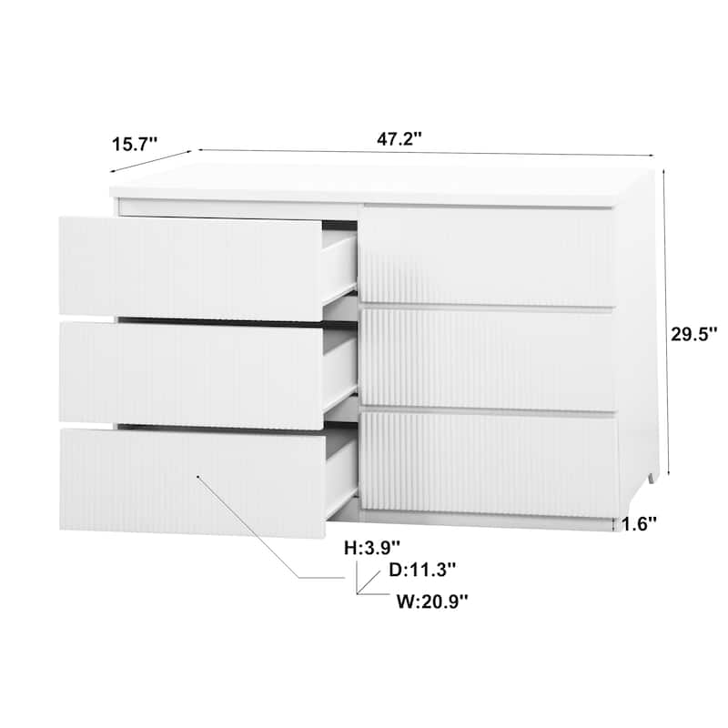 6 Drawer White Dresser, Modern Wide Storage Cabinet with Wavy Drawer Panels, Wood Chest Organizer for Bedroom and Entryway