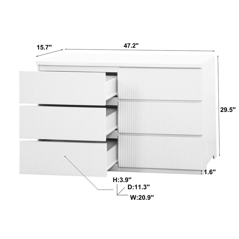 Modern 6-Drawer Wave-Patterned Dressing Table Handle-Less Storage Cabinets with Waterproof Countertop, for Bedroom