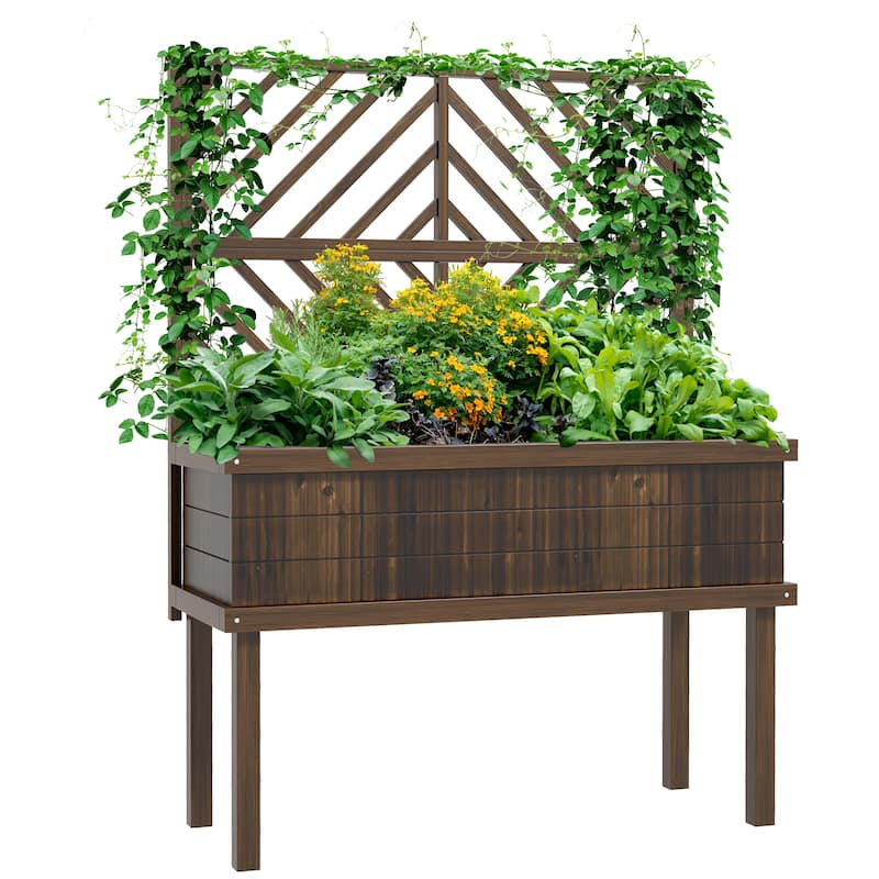 Outsunny Raised Garden Bed with Trellis for Climbing Plants, Vegetable, Grape Vines, Flowers, Wood Planter with Legs