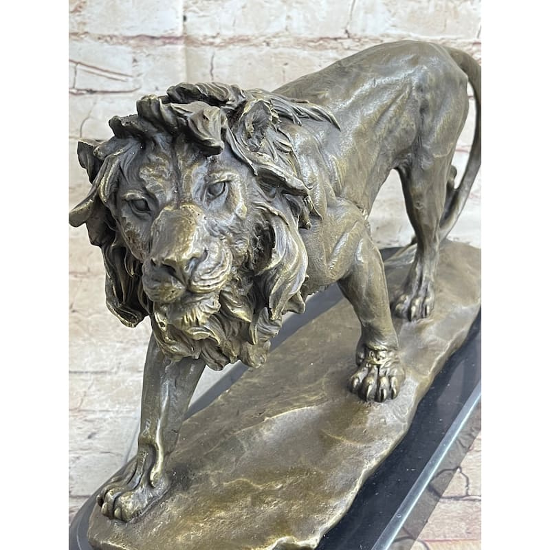 Lion Bronze Sculpture Statue Figure Handmade Art By Antoine Barye On Marble Base