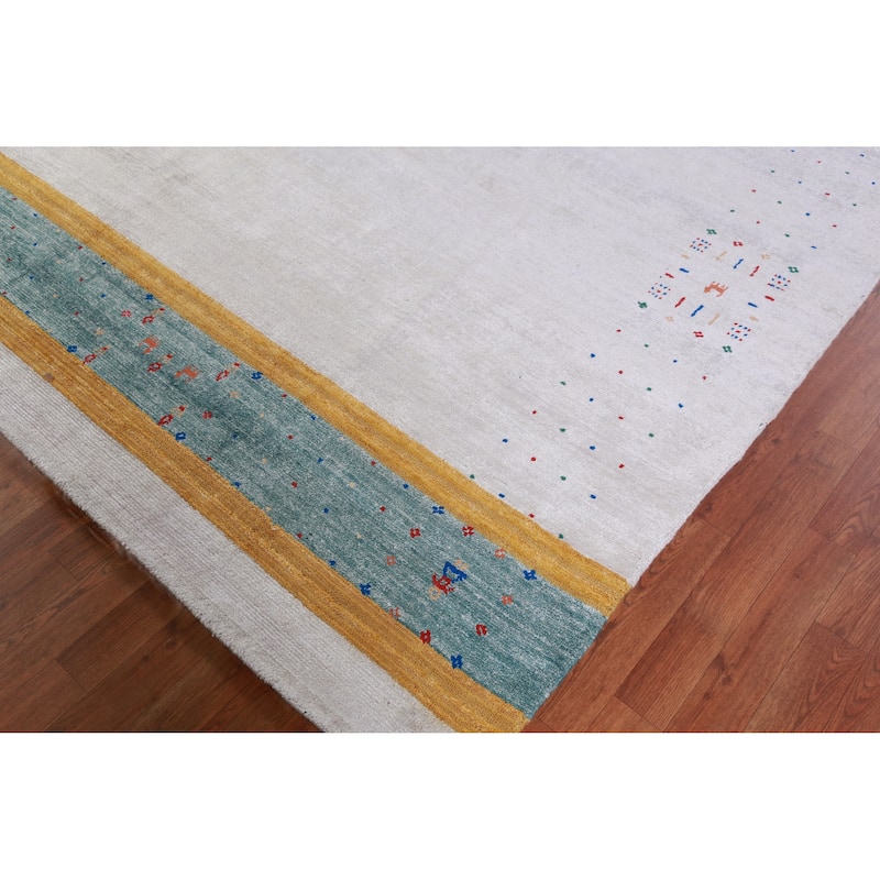 Hand Knotted Oriental 100% Wool Carpet Tribal Stripe Greys & Charcoal Gabbeh Area Rug - 12' 0'' X 9' 2''