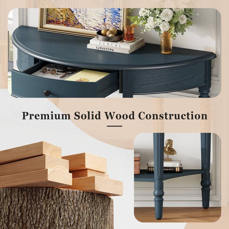 Roomfitters Farmhouse Half Moon Console Table with Shelf, Rustic Accent Sofa Table for Entryway, Living Room, Hallway