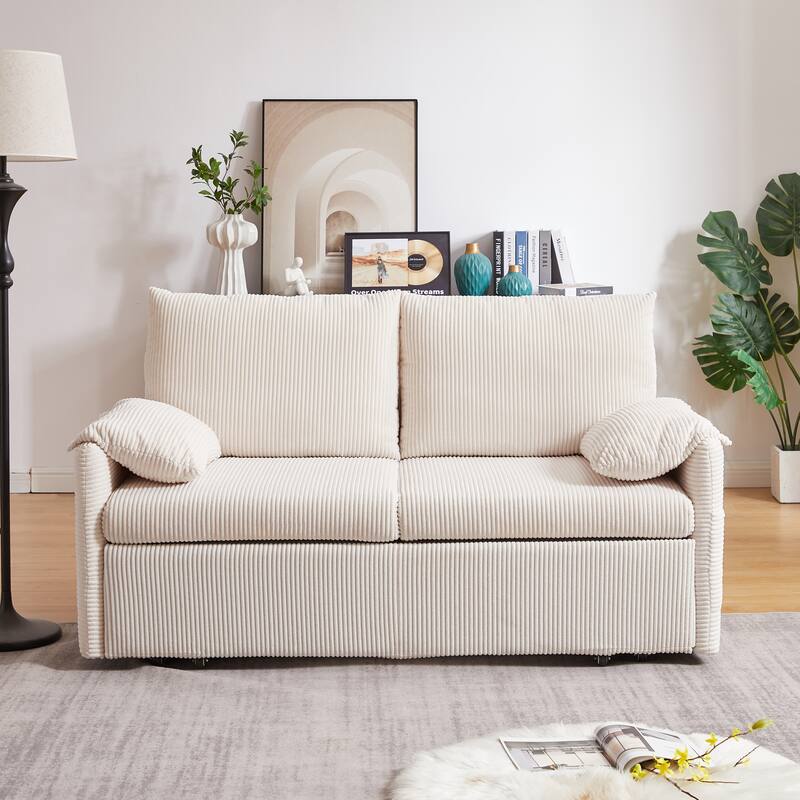 65" Corduroy 2-Seater Sleeper Sofa, 3-in-1 with Storage and Side Pocket