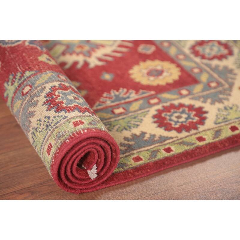 Geometric Red Kazak Oriental Foyer Rug Hand-Knotted Wool Carpet - 2'7" x 4'1"