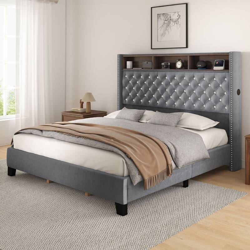 58" Tall Wingback Storage Headboard Bed Frame with USB Charging Stations and Deep Button Tufted