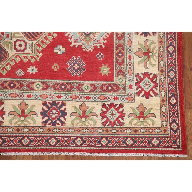 Hand Knotted Oriental 100% Wool Carpet Traditional Geometric Red Kazak Area Rug - 9' 10'' X 6' 6''