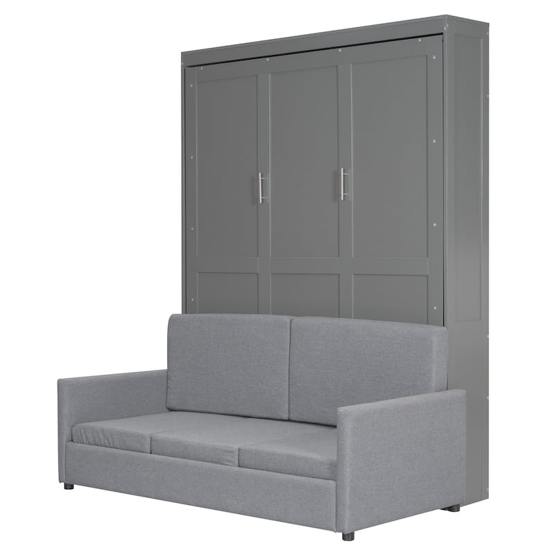 Grey Murphy Bed Queen Size Sofa Murphy Bed with Cushion, Multifunctional Space-Saving Solution Wall Bed for Studio Home Office
