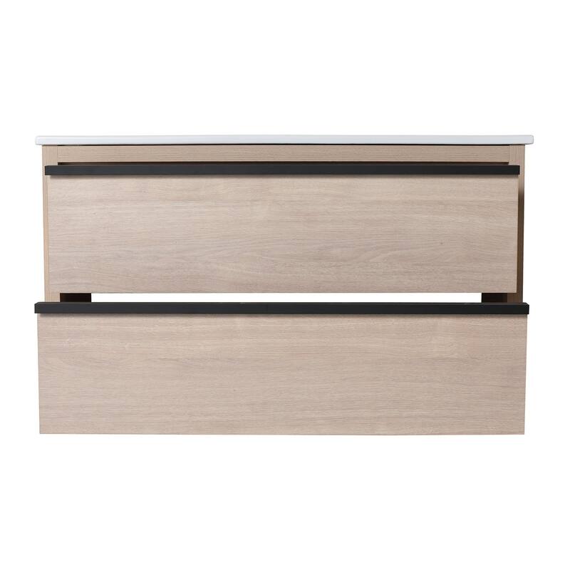 Wall-Mounted Plywood Bathroom Vanity Set in Plain Light Oak with Integrated Sink