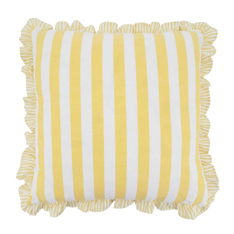 Striped Ruffle Edge Cotton-Blend Throw Pillow - Classic Cabana Stripe Design for Sofa, Bed & Accent Styling - 18"x18" - Polyester - Yellow