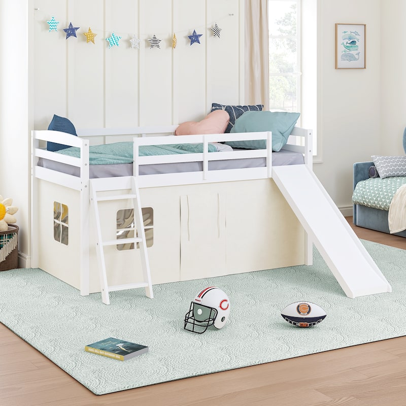 COSTARS Kids Loft Bed with Slide and Ladder, Solid Wood Twin Loft Bed with Tent and Guardrails - White