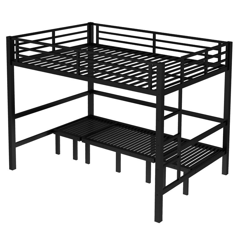 Queen Over Queen Size Pull-Out Bunk Bed, Lower Bunk Can Be Pulled Out In Three Sections, Top Bunk Equipped With Safety Rails
