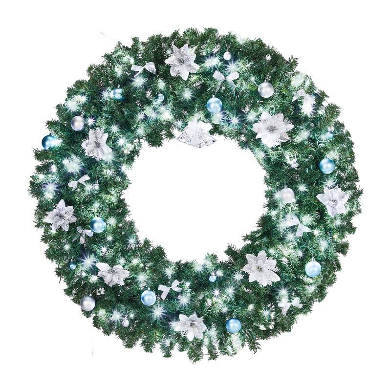Pre-lit Christmas Wreath, Lighted Artificial Xmas Wreath with Lights and DIY Ornaments, for Xmas Party Decorations