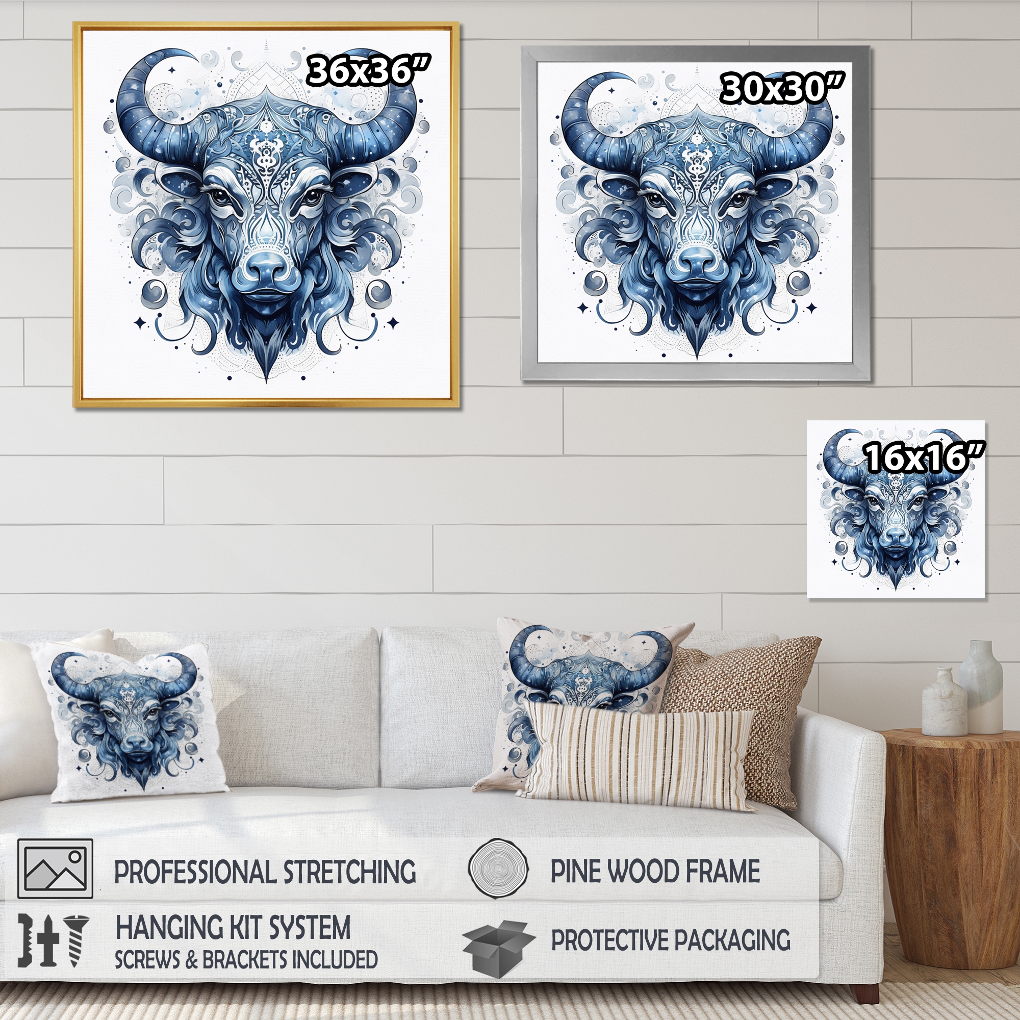 Designart Taurus Zodiac Sign IV Astrology Framed Wall Decor Natural 24 in. wide x 24 in. high