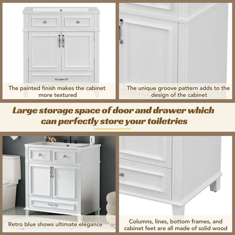 30'' Bathroom Vanity with Resin Sink,Solid Wood Frame Bathroom Storage Cabinet with 2 Soft Closing Doors and 1 Storage Drawer