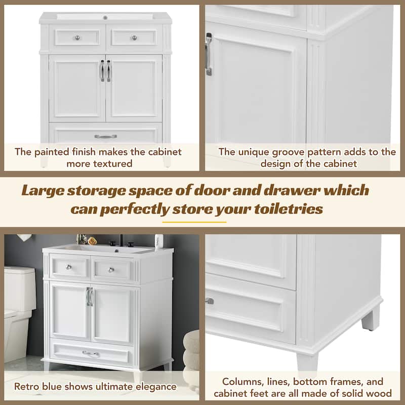 30 Inch Freestanding Bathroom Vanity with Resin Top, Solid Wood & MDF Cabinet, Vintage Design, 1 Drawer 2 Doors