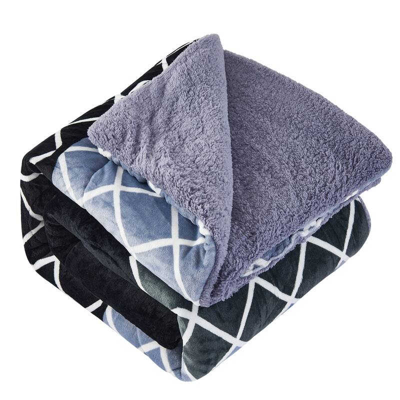 3-Piece Floral Printed Sherpa-Backing Reversible Comforter Set
