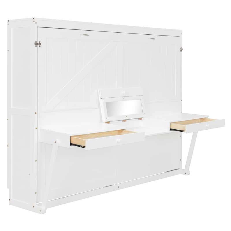 Queen Size Foldable Wall Bed with Storage and Vanity Desk, White