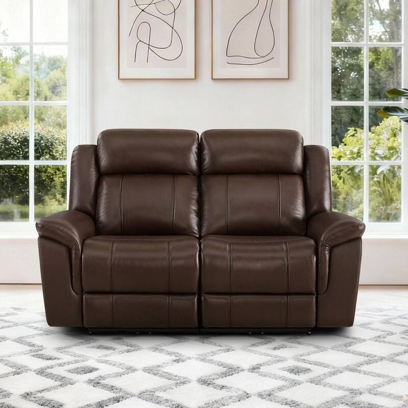 Spruce & Spring Genuine Leather Power Reclining Sofa with Optional Console & Flip-Down Table - 2PC - Dark Brown
