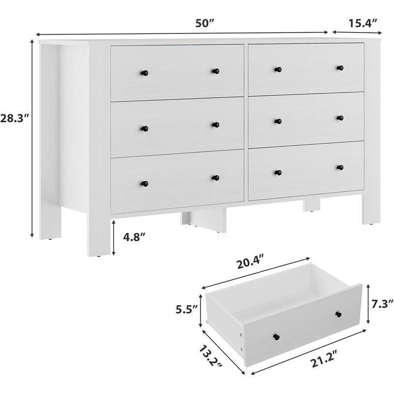 6 Drawer Dresser for Bedroom, Wide White Chest with Deep Drawers and Metal Knobs, Modern Storage for Hallway, Kids Room