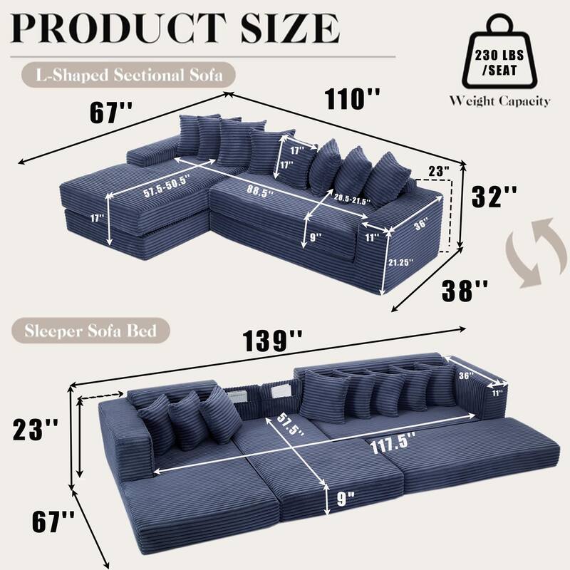 Floor Sleeper Sofa Bed Convertible L-shaped Modular Sectional Couch with Chaise, Corduroy Compression Sofa with Side Pockets