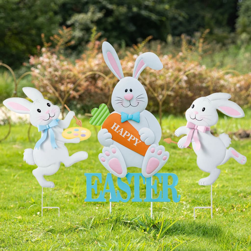 Glitzhome Easter Metal Bunny Yard Stake Wall Decors Standing Sign