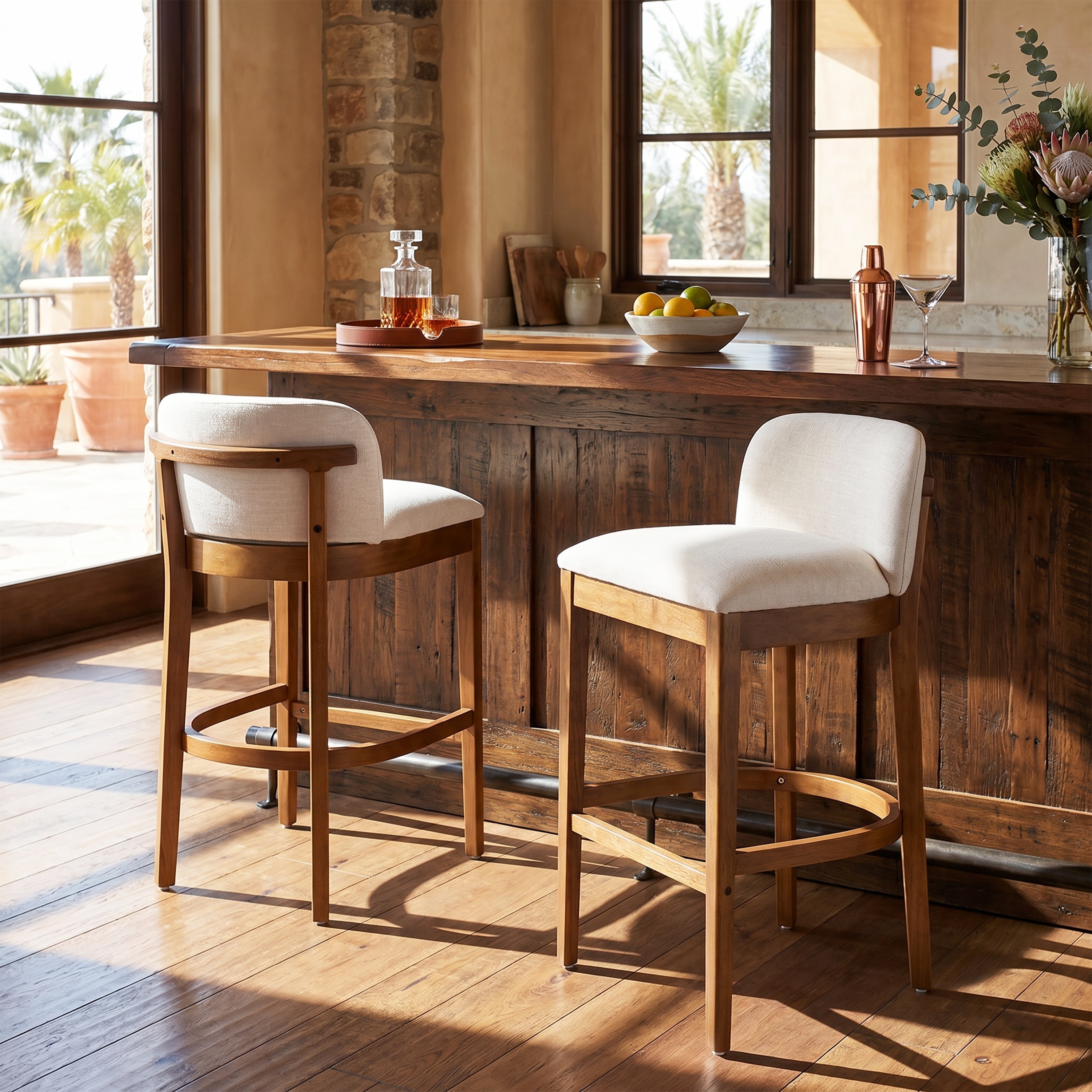 Christopher Knight Home - Blakely Set of 2 Upholstered Bar Stools with Curved Low Backrest and Wooden Footrests