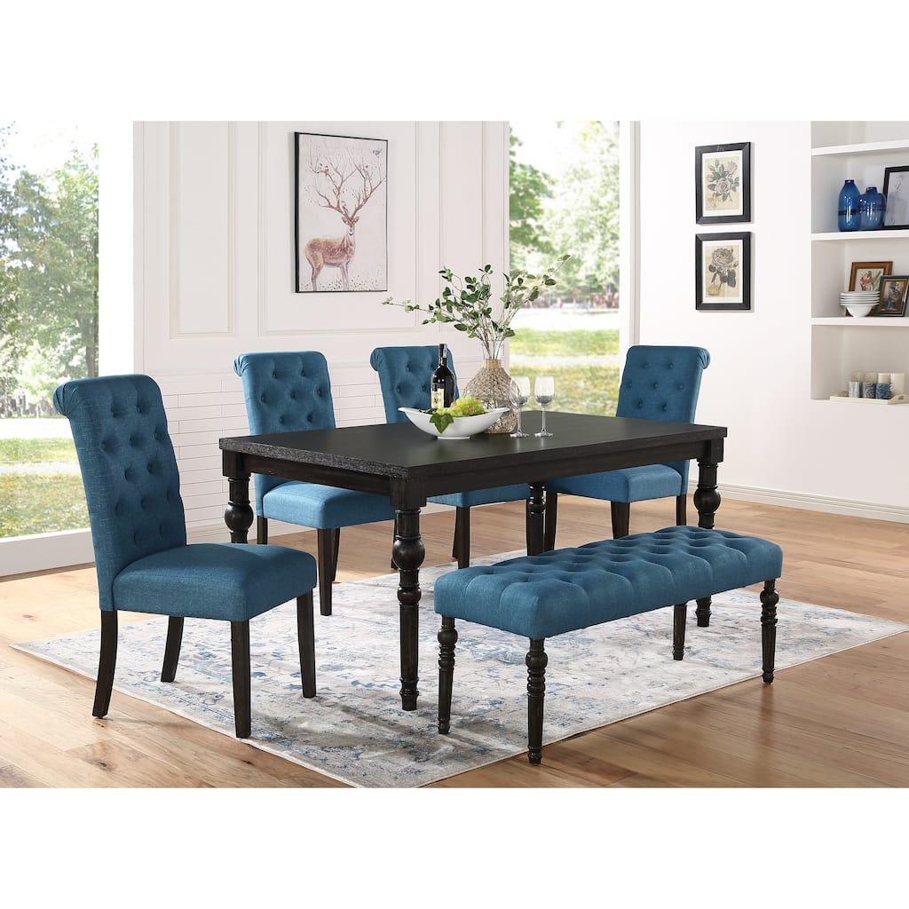 6-Piece Dark Wash Wood Dining Set with Turned-Leg Table, Padded Chairs, and Bench for Elegant Family Gatherings