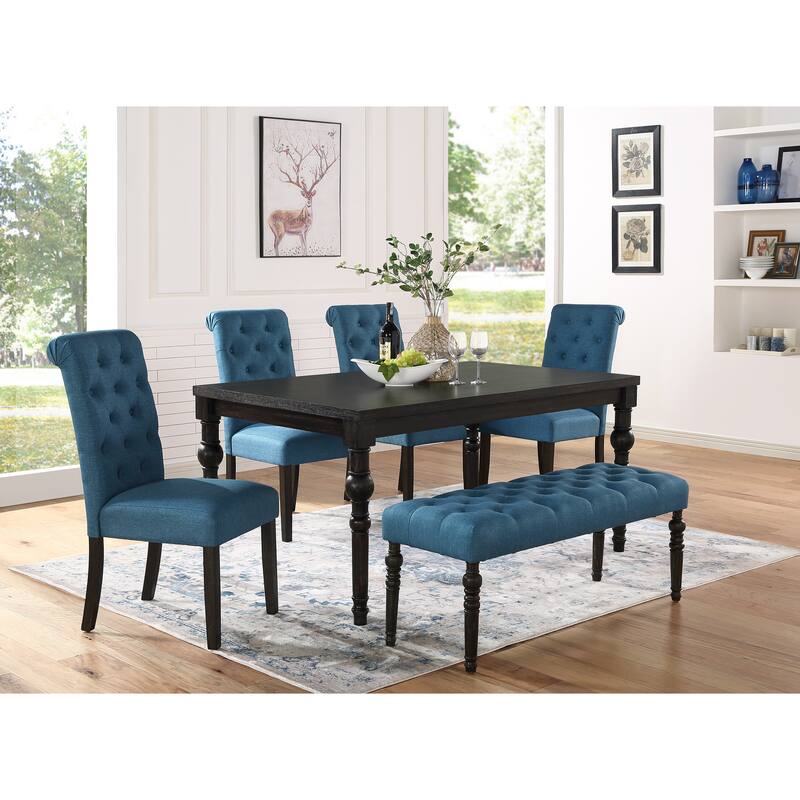 Blue Button Tufted Upholstered Bench, Upholstered Dining Chairs, Dining Table and Chairs Set with Rectangular Table