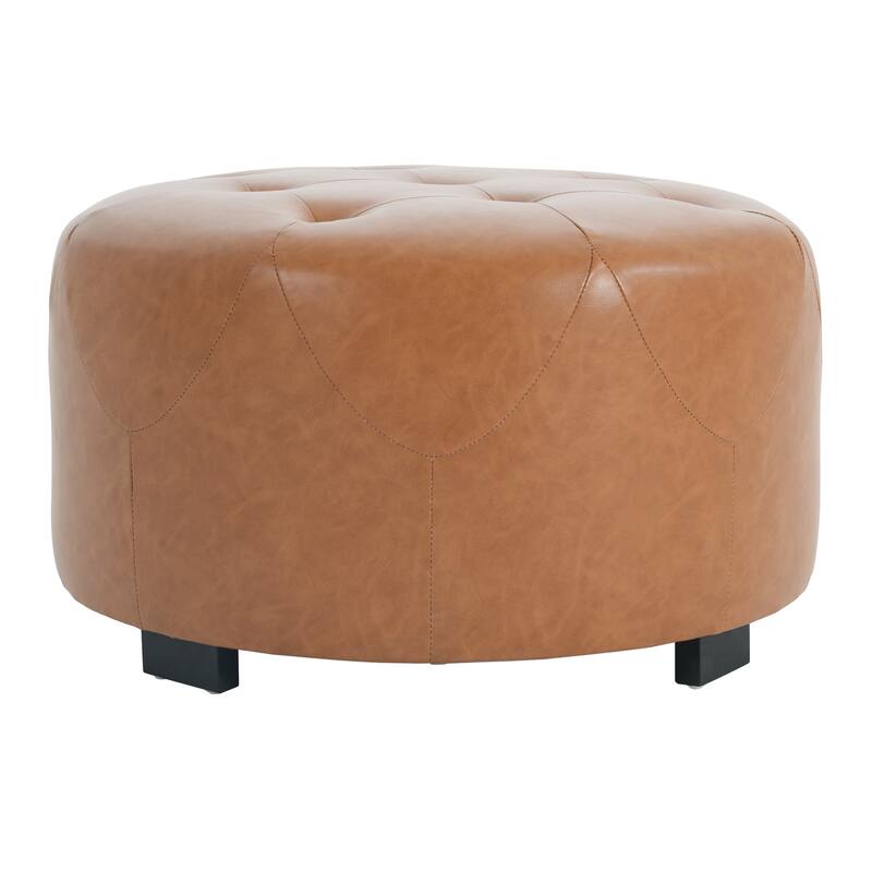 Small Button-Tufted PU Round Ottoman - Orange Brown Space-Saving Design