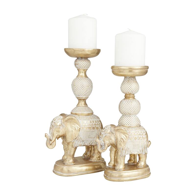 Polystone Elephant Candle Holder with White Wash Finish - Set of 2 - Roche River Decor