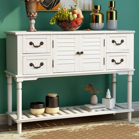 Vintage Style Solid Pine Wood Console Table Sideboard with Shutter Doors & 4 Storage Drawers & 1 Big Cabinet (White)
