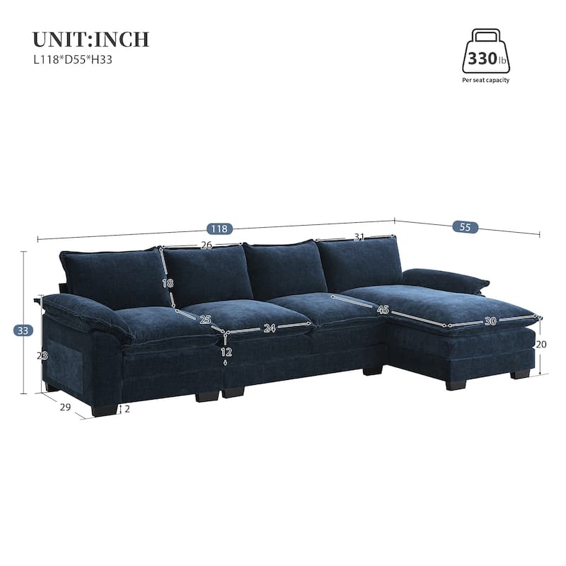 Chenille Upholstered Sectional Sofa with Chaise and Storage Pockets, 5 Seat Lounge Cloud Couch L-shaped Recliner Couches