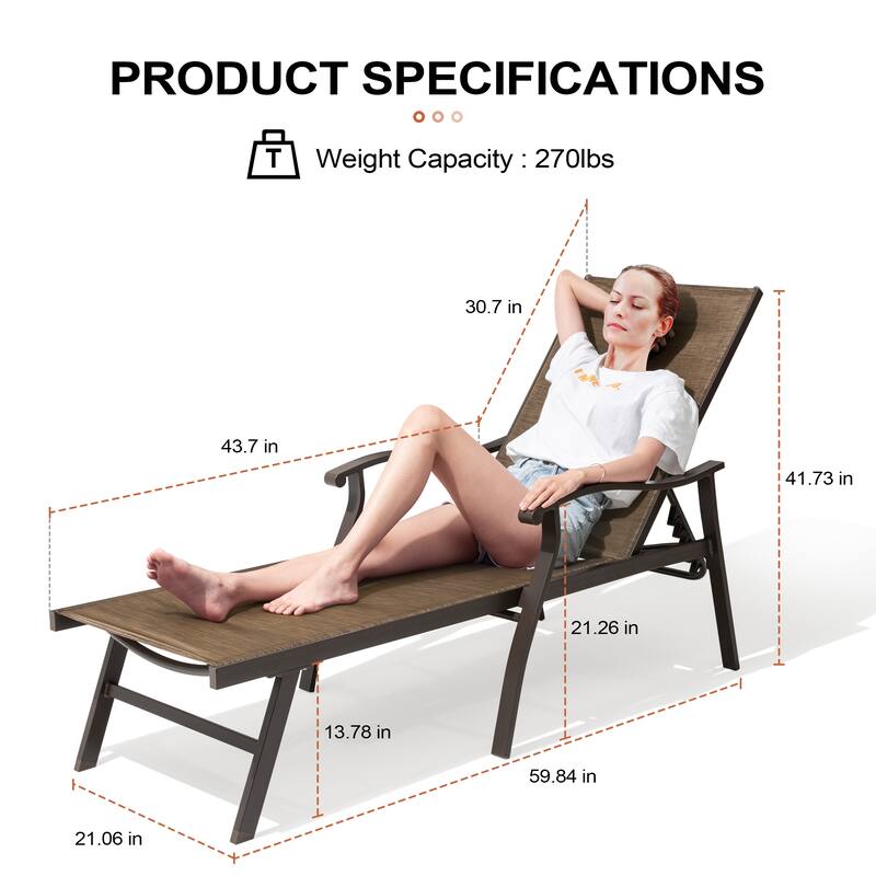 Outdoor Recliner All Weather Aluminum Adjustable Chaise Lounge Chair with Arms - See Picture