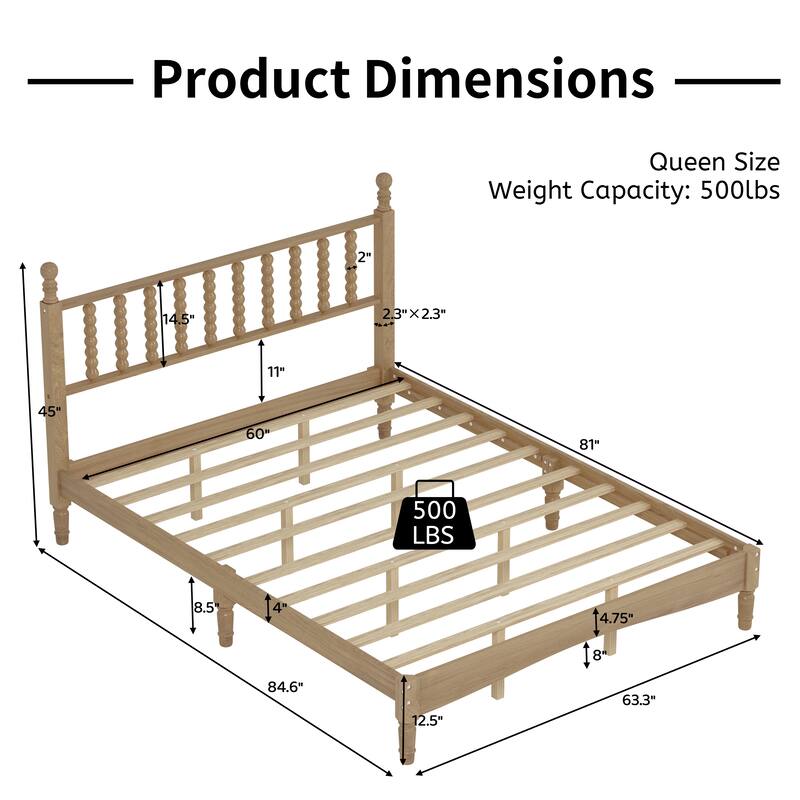 Natural Wood Queen Platform Bed with Curved Gourd Headboard, Vintage-Inspired Frame with Sturdy Slat Support