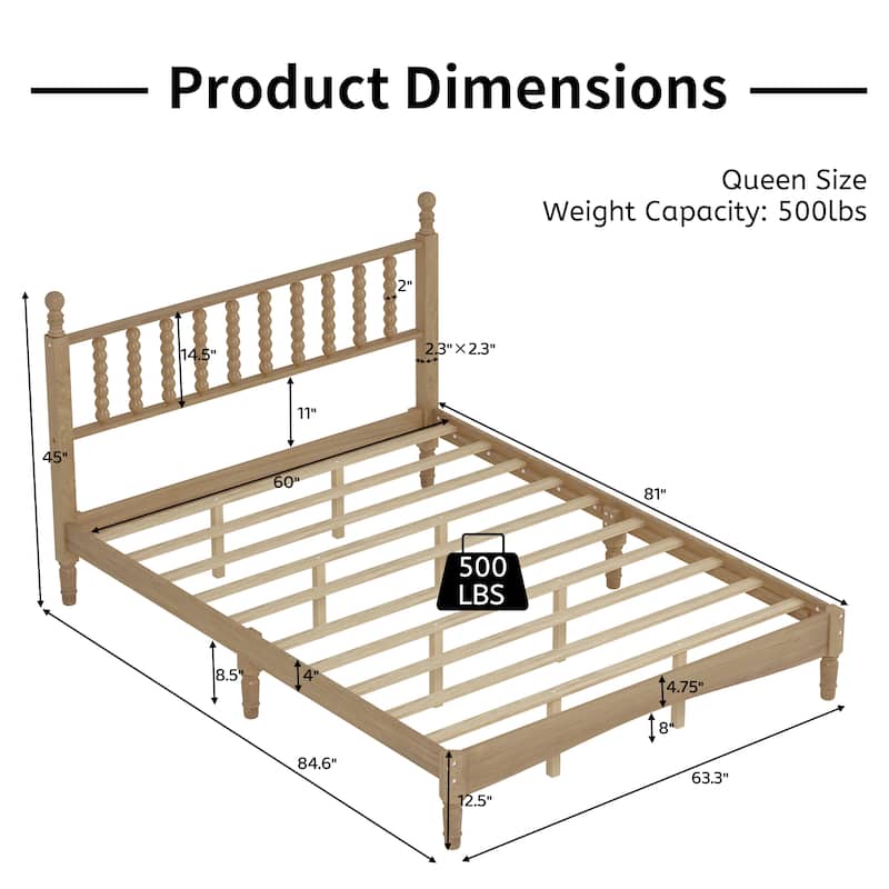 Full / Queen / King Retro Style Wood Platform Bed with Gourd Headboard and Wooden Slat Support