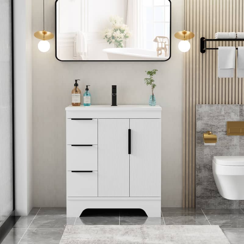 Vertical Stripes Bathroom Vanity Set with Sink Top & Faucet - 30"Left - White-30"Left