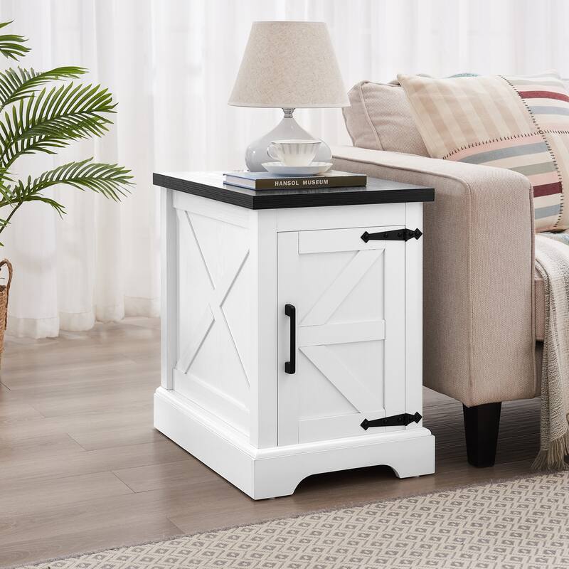 Anmytek Farmhouse Side Table with Barn Door Storage Rustic Nightstand End Table for Bedroom Living Room - White