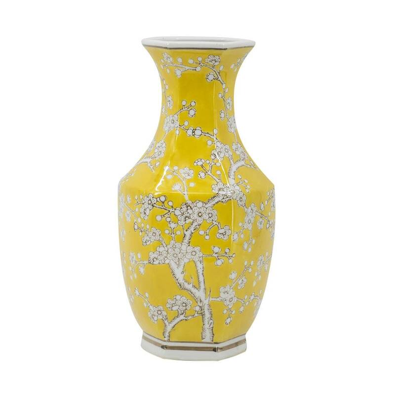14" Yellow And White Chinoiserie Floral Porcelain Table Vase - 7.30