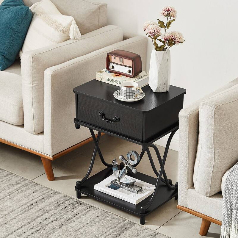 Modern 1-Drawer Nightstand with Storage Shelf, X-design End Side Table, Set of 2