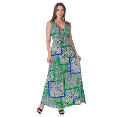 24seven Comfort Apparel Womens Green Scarf Print V Neck Empire Waist Sleeveless Maxi Dress