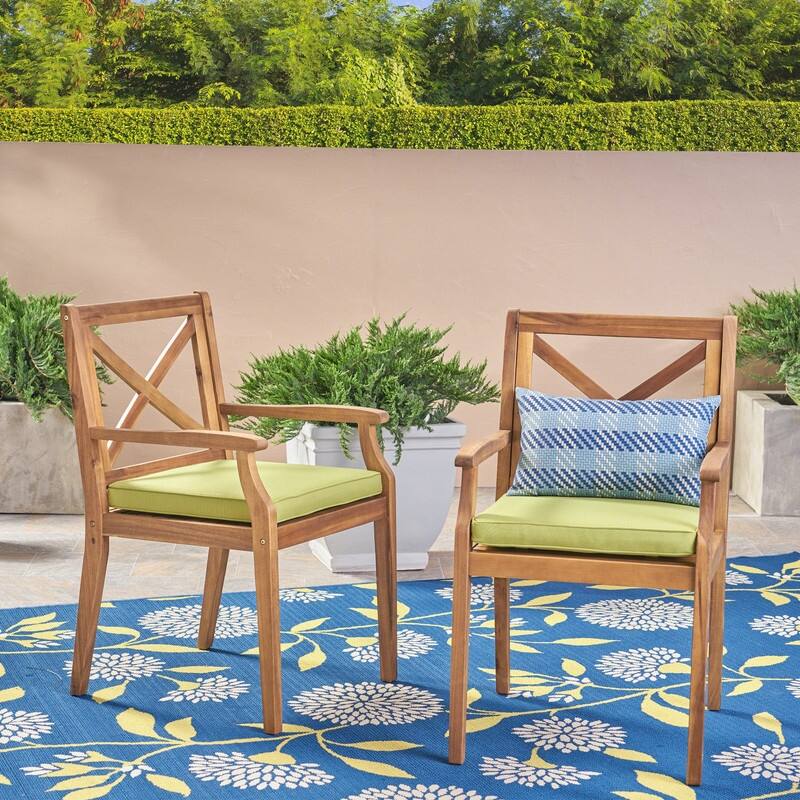 2-Piece Acacia Wood Outdoor Dining Chairs with Cushions for Patio, Garden & Poolside - Green,Teak